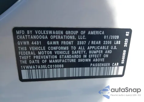 2020 Volkswagen Passat 2.0T R-Line из США, поврежденный, VIN 1VWMA7A35LC010068